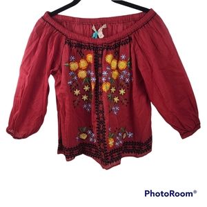 NWT Chelsea & Violet Embroidered Blouse Red XS 3/4 Sleeve Elastic Neck & Cuff